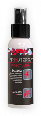 Primaterra INSECT ULTRA Спрей для защиты от укусов иксодовых клещей, комаров и других жалящих и кровососущих насекомых 100мл.
Область применения:
Спрей предназначен для индивидуальной защиты от биологических вредных факторов (от укусов кровососущих и жаля